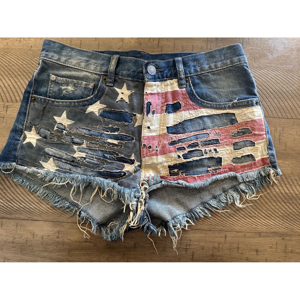 Denim & Supply Ralph Lauren American Flag Distressed Cutoff Denim Shorts 25